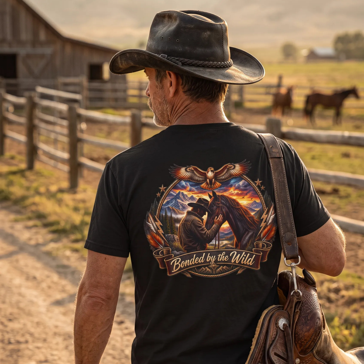 A man wearing a black cowboy hat and a black graphic t-shirt stands on a dirt path in a corral setting, viewed from behind. The t-shirt features a large graphic on the back with an hawk, a cowboy and his horse, mountains, and the text 'Bonded by the Wild'.