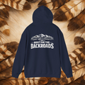 Navy Blue hoodie back view, with mountains and tree line with back road leading into the mountains. Text reads " Built for the BackRoads." 