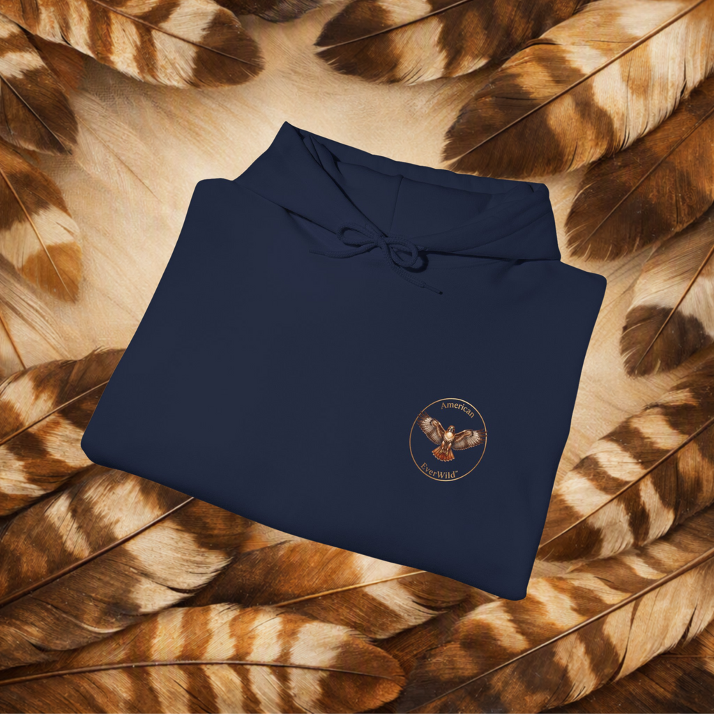Navy Hoodie folded with close up of the front circular hawk emblem with text "American EverWild."