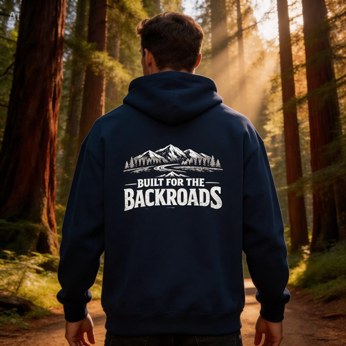 Man on a wooded trail and sunbeams through the trees wearing a navy hoodie with mountains and tree line and a backroad leading into the mountains. Text reads "Built for the BackRoads."