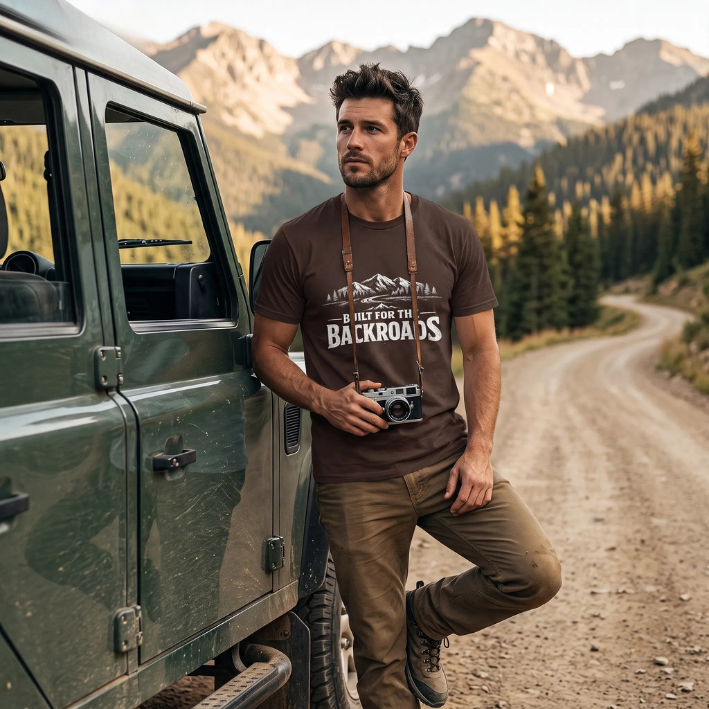 Man with camera leans against a truck on dirt road, trees and mountains in the backgound. Man is wearing a chocolate brown t-shirt with a mountain graphic and road leading into mountain and below text reads "Built For The BackRoads".