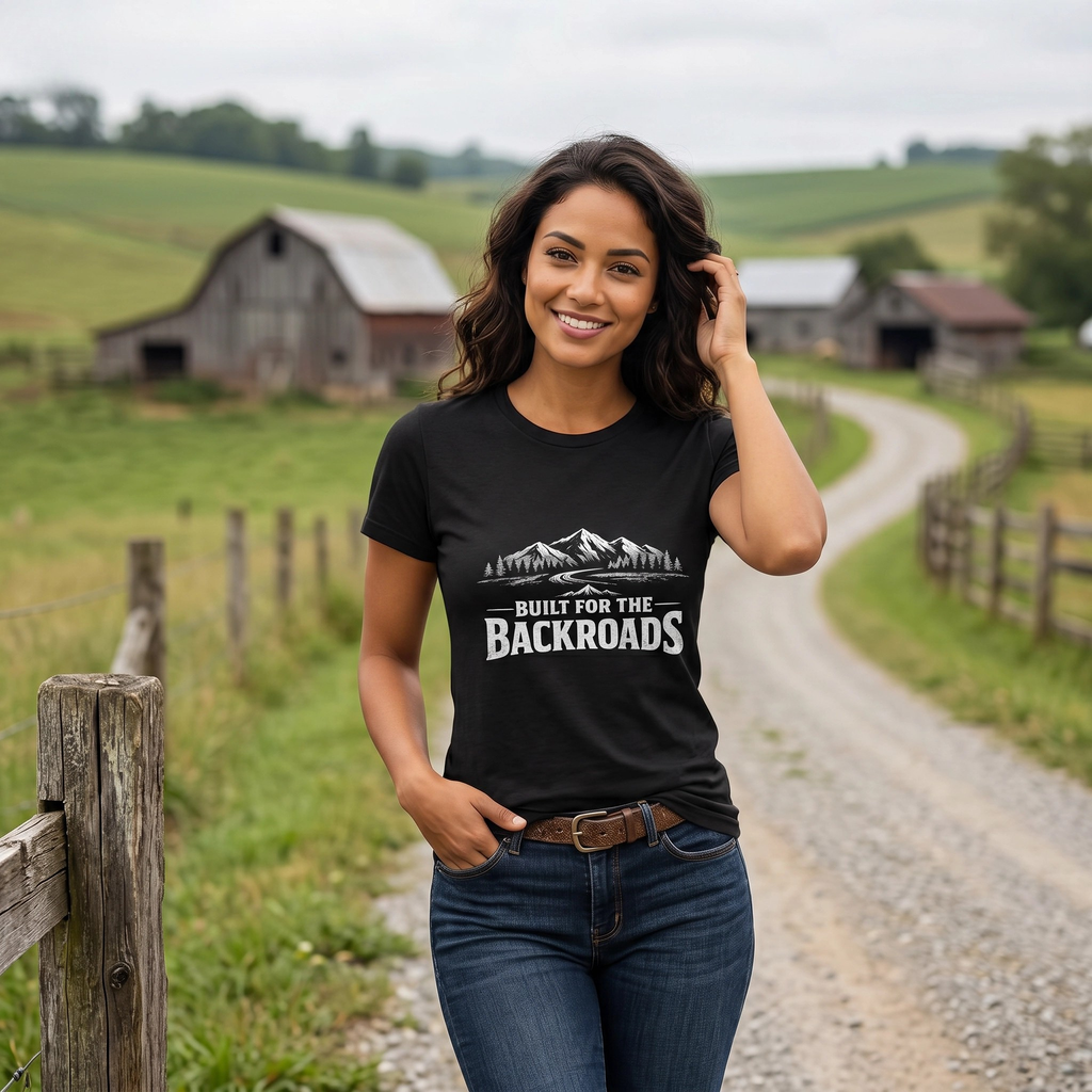 A woman stands on a rural dirt road wearing a black graphic T-shirt that reads 'BUILT FOR THE BACKROADS' with a mountain and tree illustration, paired with blue jeans. The background shows green fields, wooden fences, and rustic barns.