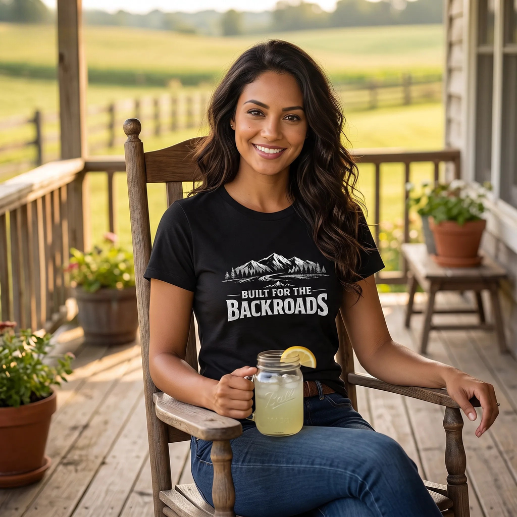 A woman sitting on a wooden rocking chair on a porch, wearing a black graphic t-shirt that reads 'BUILT FOR THE BACKROADS' with a mountain design. She is holding a glass jar drink with a lemon wedge, with a green field visible in the background.