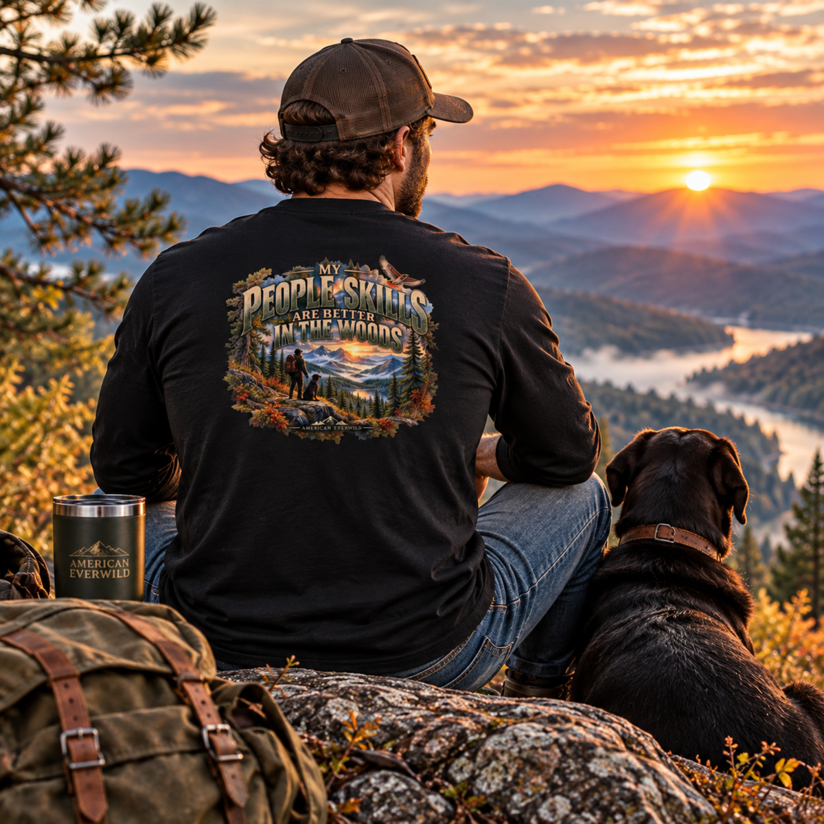 Long Sleeve Tee — “My People Skills are Better in the Woods” Rustic Nature Graphic