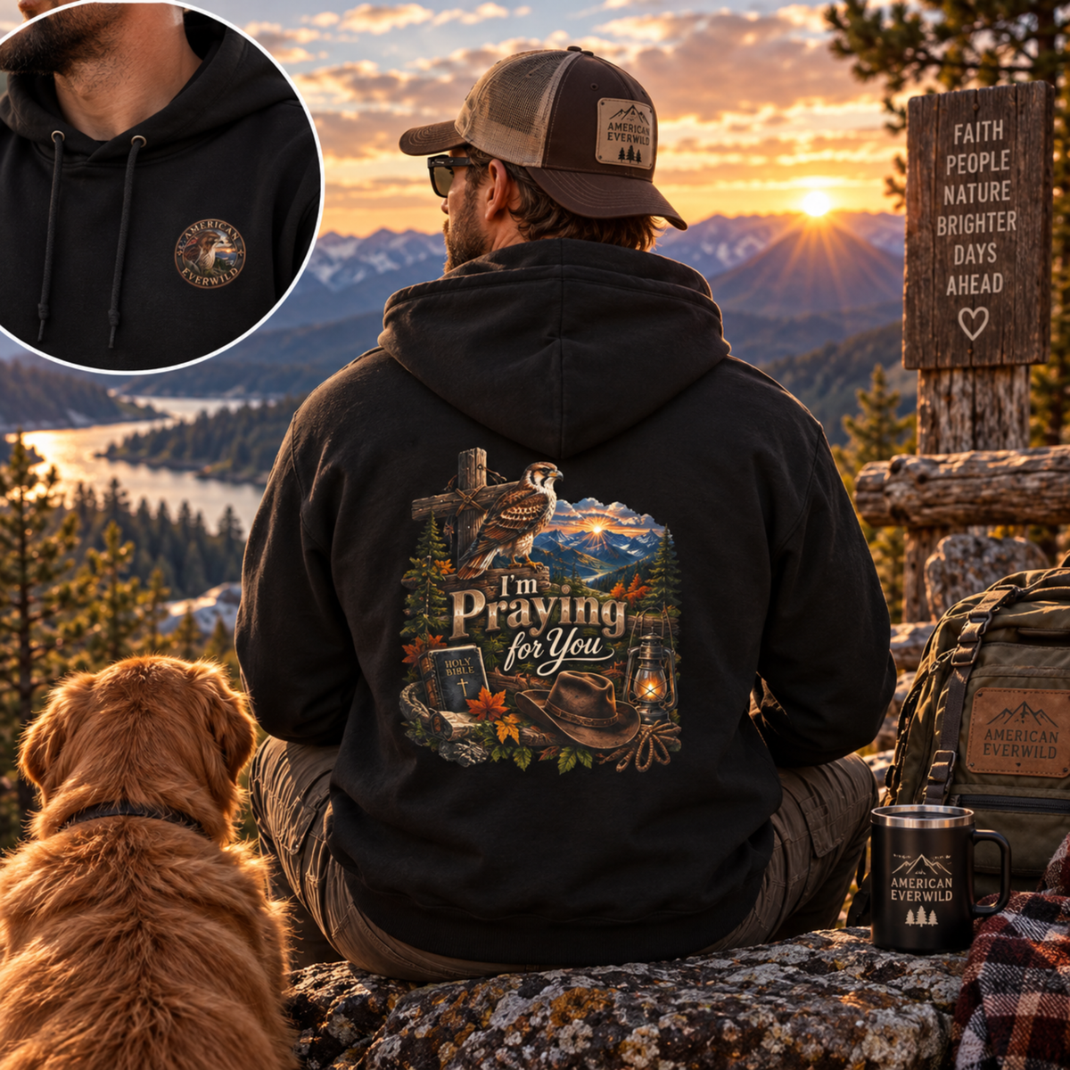 A man wearing a black hoodie with a large outdoor-themed back graphic sits on a rock at sunset with a dog beside him. The hoodie has a circular chest patch and a large scenic print reading 'I'm Praying for You' on the back.