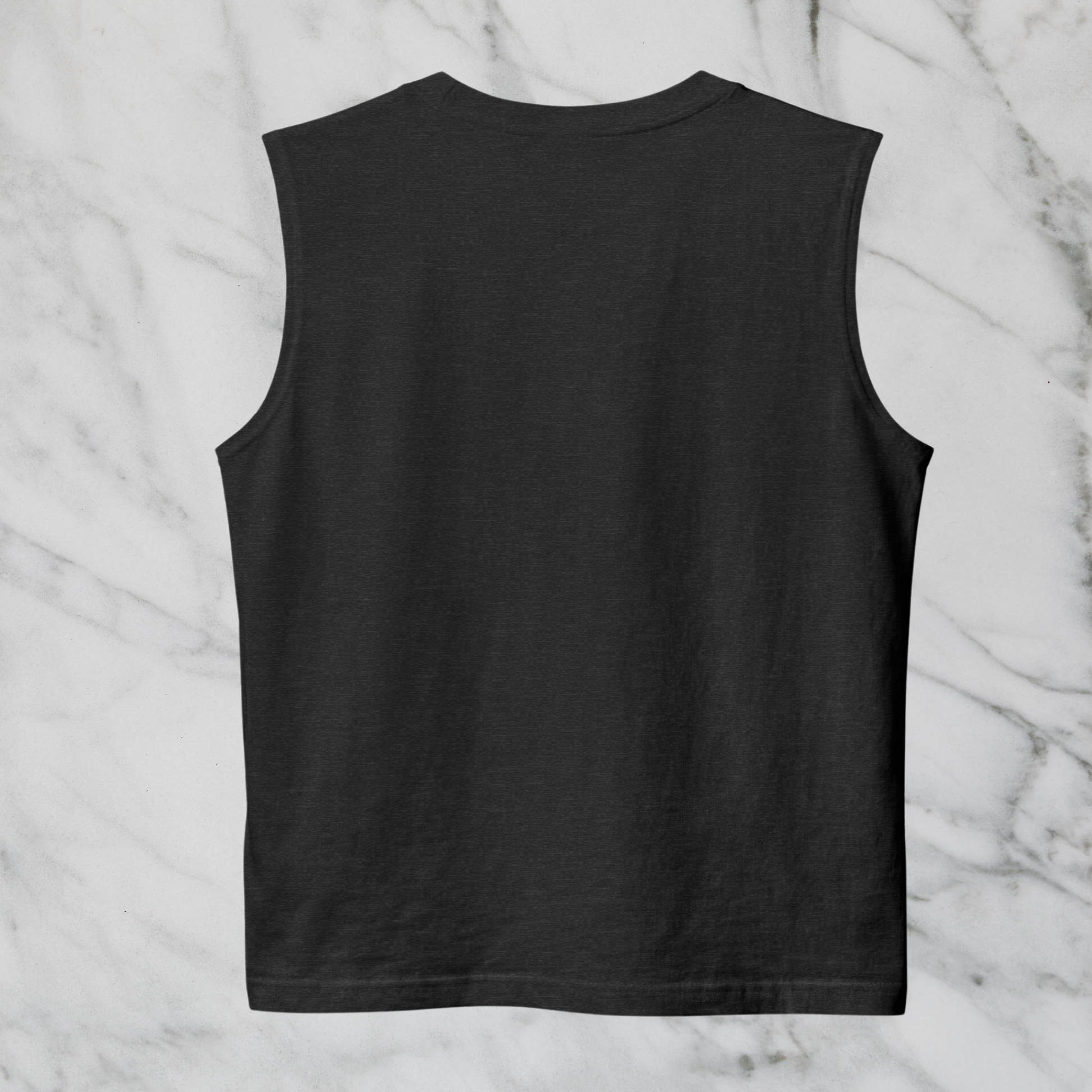 Dark grey heather muscle tank, crew neck sleeveless