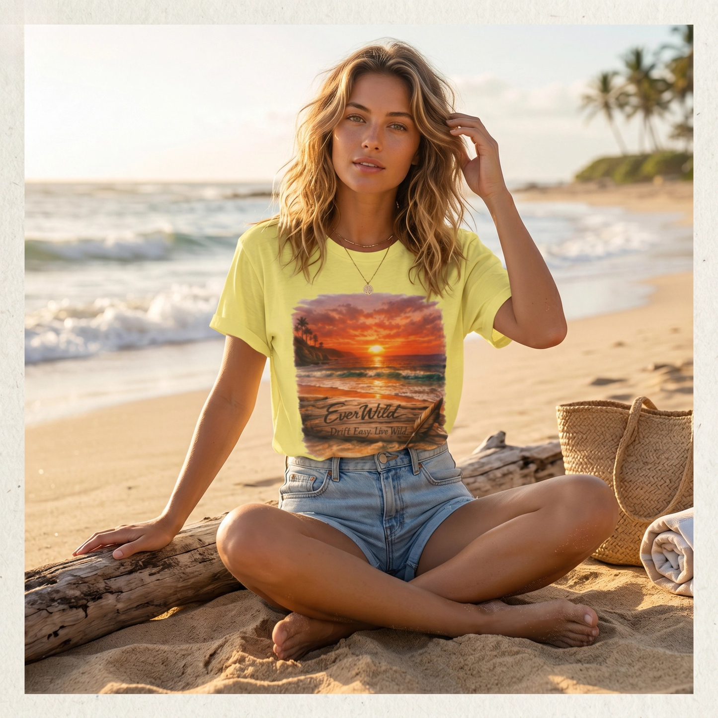 A woman sits cross-legged on a sandy beach wearing a bright yellow graphic T-shirt with a sunset print that reads'EverWild—Drift Easy, Live Wild' and denim shorts. A woven tote bag and rolled towel are beside her, with ocean waves and palm trees in the background.