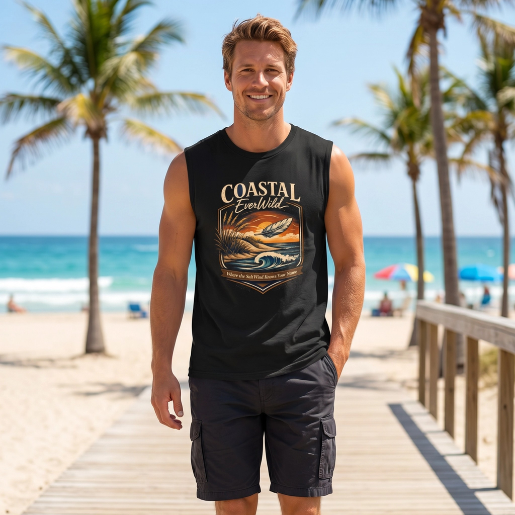 A man standing on a wooden boardwalk at a beach wearing a black sleeveless graphic tank top with 'COASTAL Everwild' and a fish illustration, paired with dark cargo shorts.