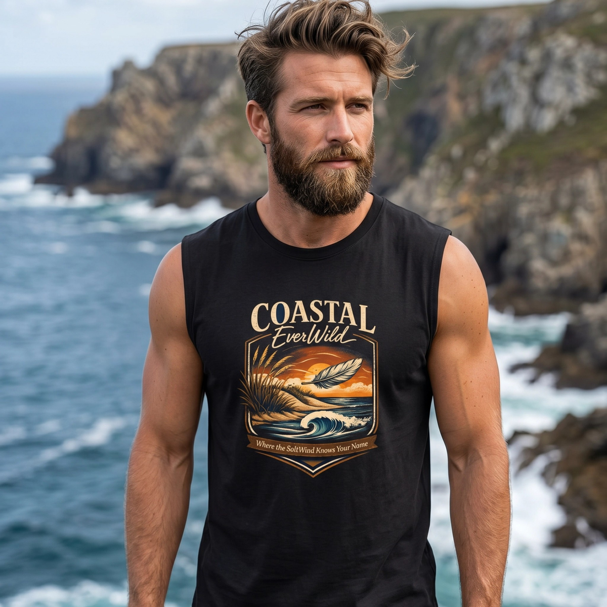A muscular man with a beard stands on a rocky coastline wearing a black sleeveless muscle tank top with a graphic print that reads 'COASTAL EverWild'. The background shows the blue ocean and cliffs.