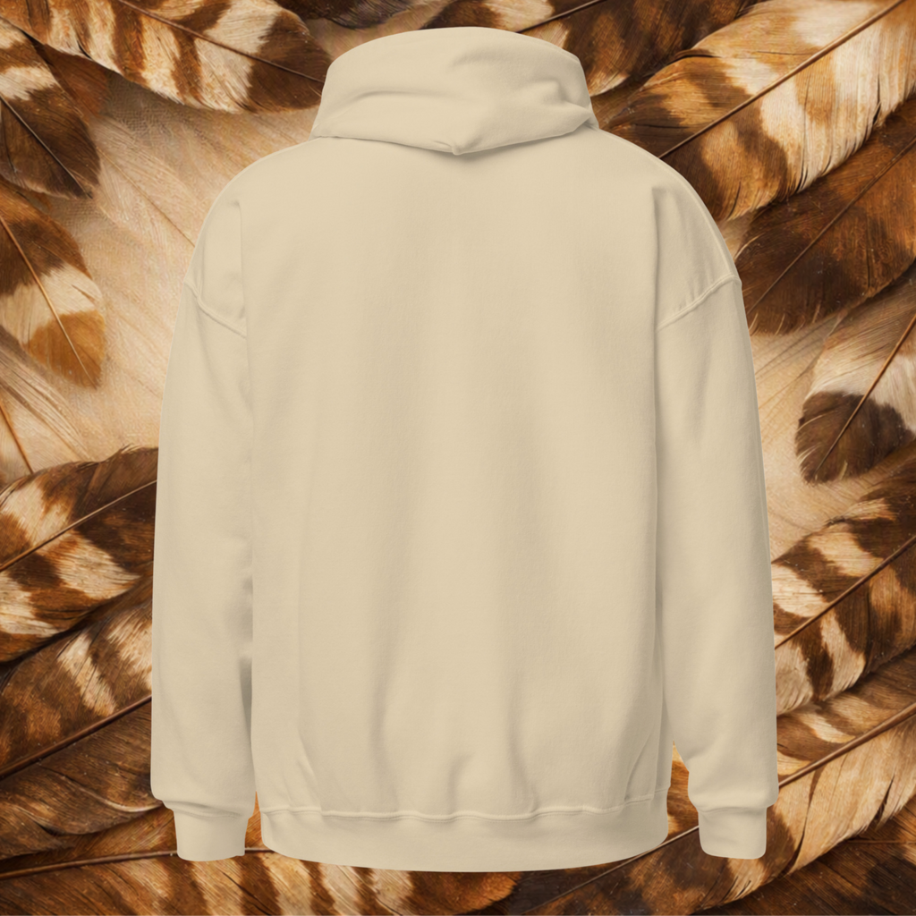 Sand-colored  back-lay hoodie on a background a cream and brown feathers.