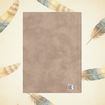 A square beige textured leather or faux-leather panel centered on a cream background with decorative feathers around the edges. A small square logo sticker is visible in the lower right corner of the panel.