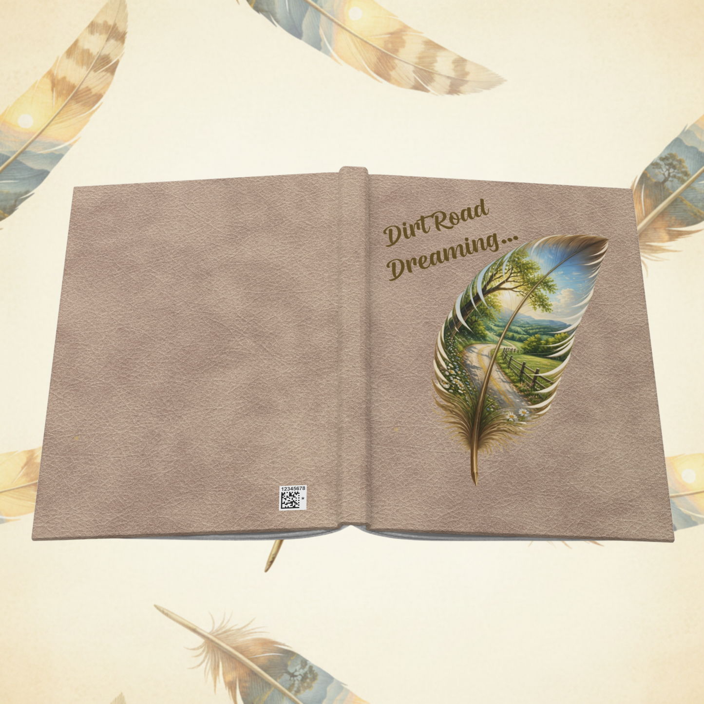 A closed textured brown leather journal or notebook shown open flat, with the left page blank and the right page featuring the words 'Dirt Road Dreaming.