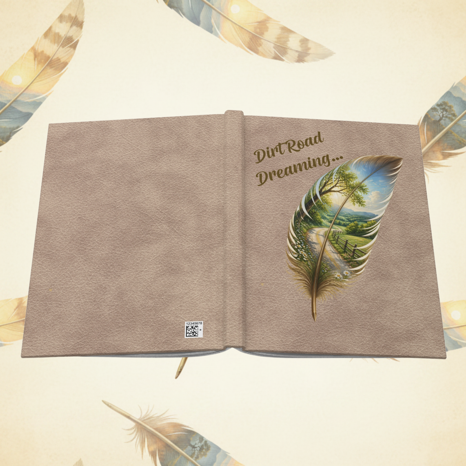 A closed textured brown leather journal or notebook shown open flat, with the left page blank and the right page featuring the words 'Dirt Road Dreaming.