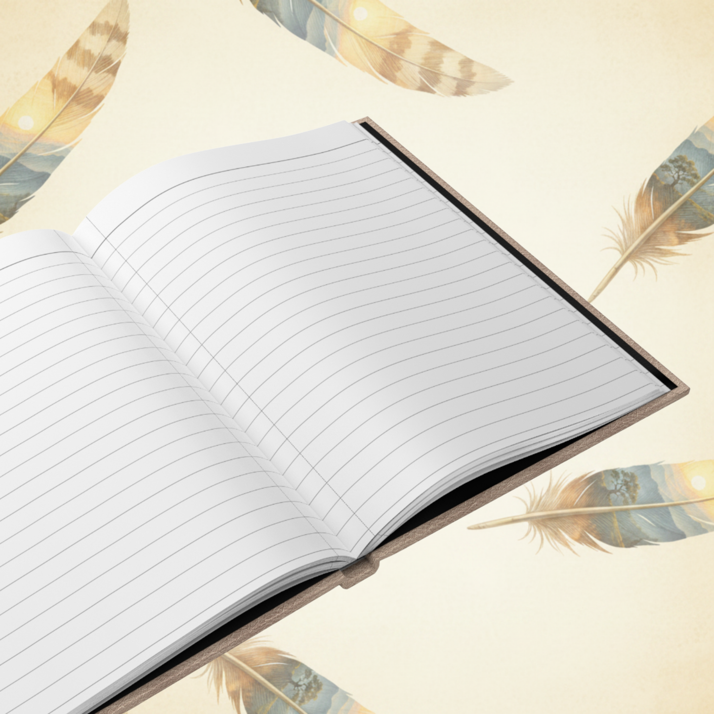 An open lined notebook or journal shown at an angle, with blank white pages and a dark cover edge, set against a warm cream background decorated with feather illustrations.