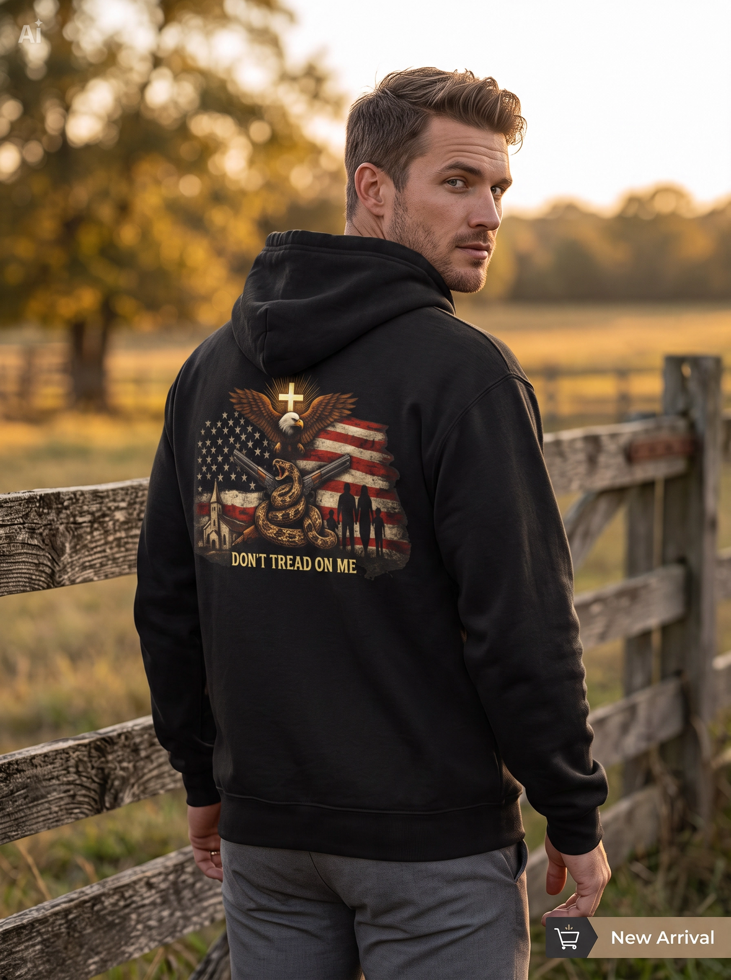 Black pullover hoodie with back graphic featuring cross and flag