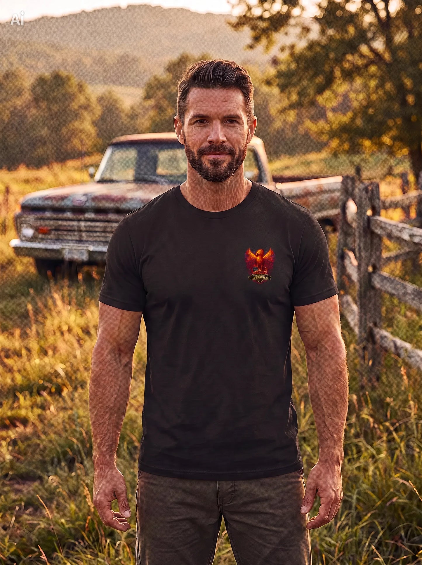 Black graphic T-shirt with small eagle emblem on the chest