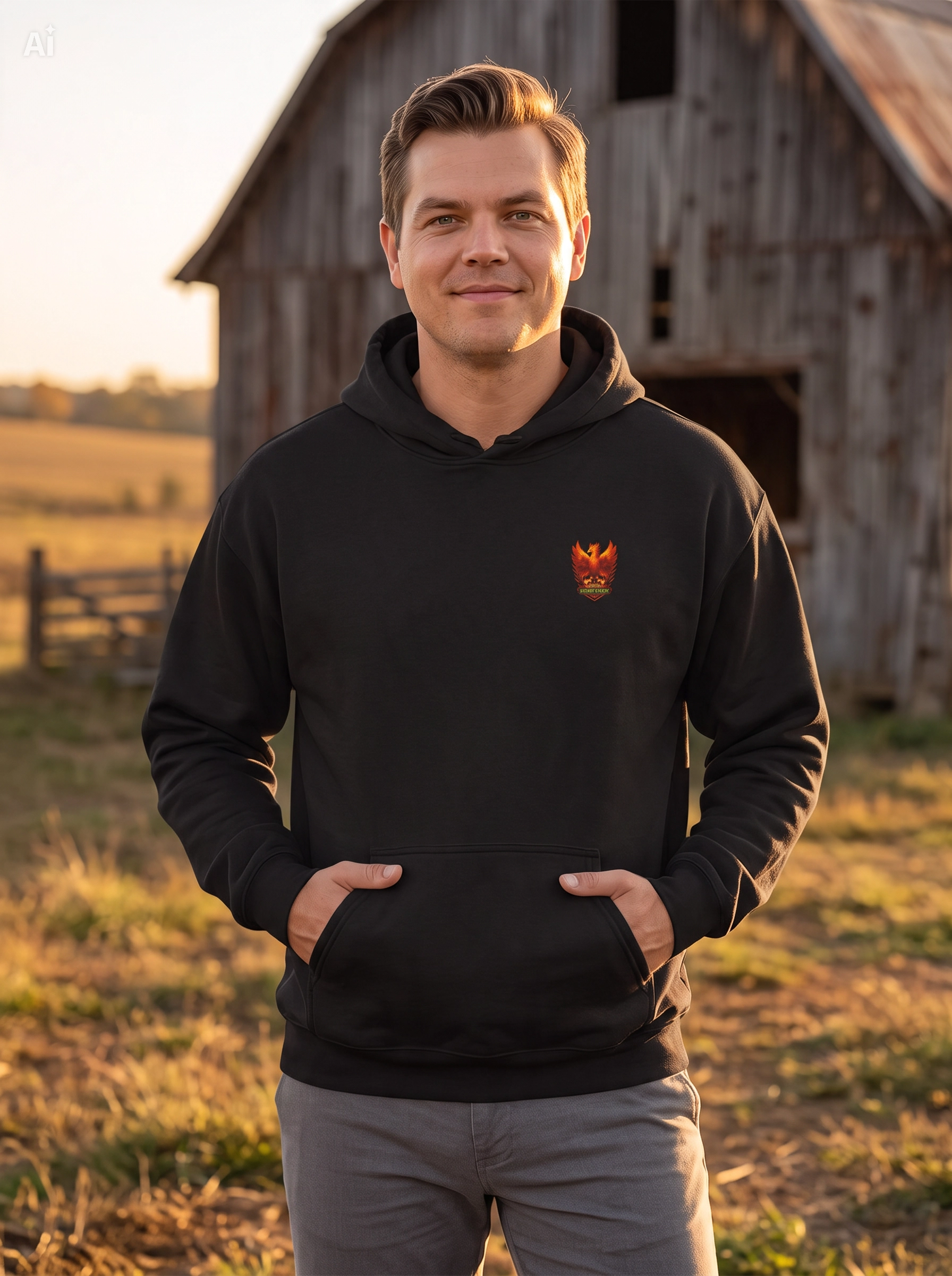 Black pullover hoodie with orange chest logo
