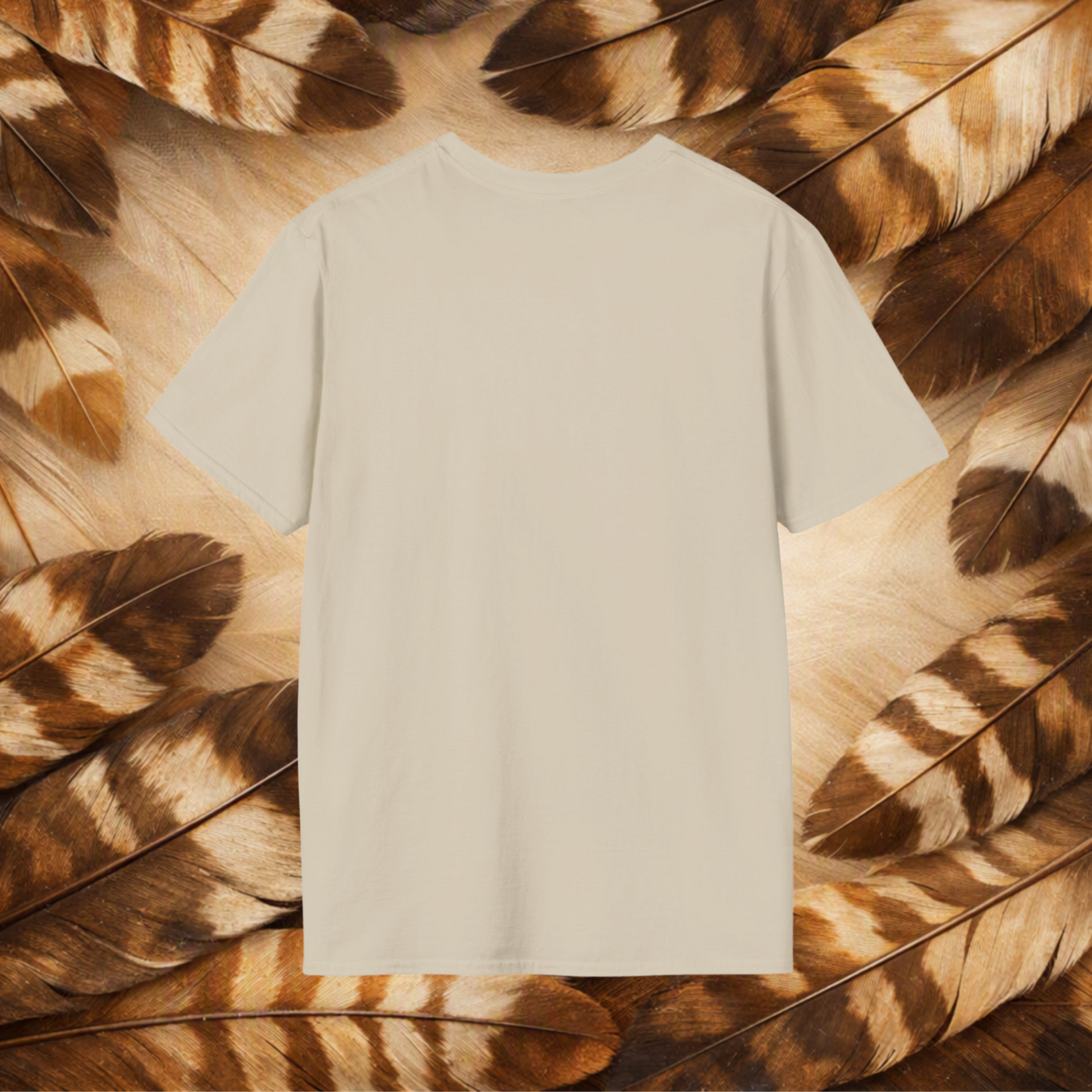 A and color tee back view on a background of tan and brown feathers.