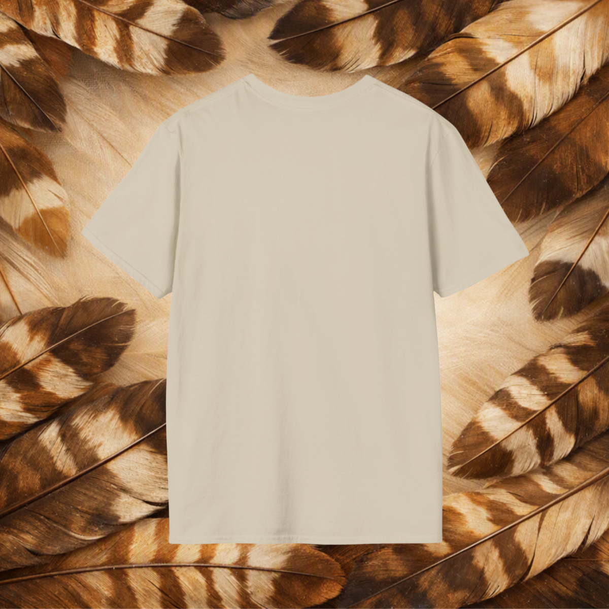 A and color tee back view on a background of tan and brown feathers.