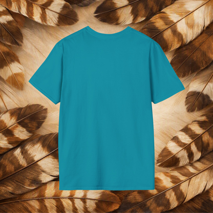 A tropical blue short-sleeve t-shirt displayed flat against a background of tanand brown patterned feathers.