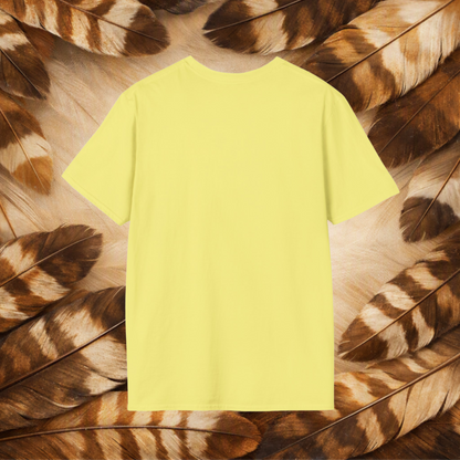 A pale yellow t-shirt back view laid flat on tan and brown feathers.