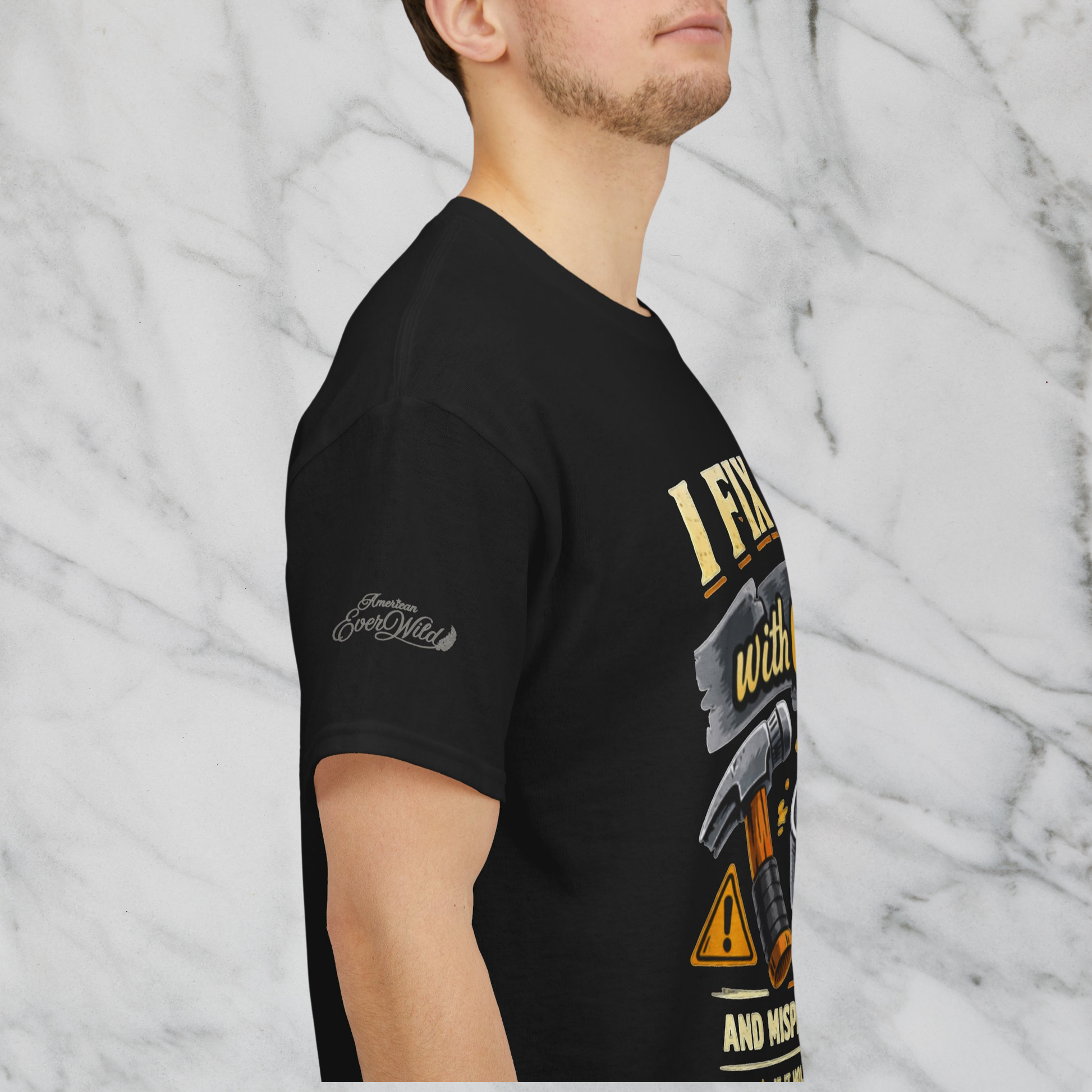 Black crewneck T-shirt, side view with small left-chest logo and sleeve print