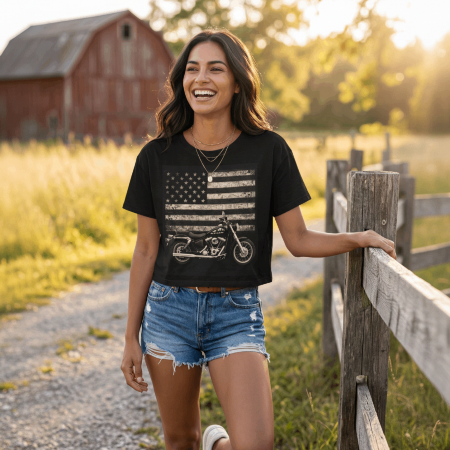 Black graphic motorcycle flag tee with stars-and-stripes and vintage bike artwork