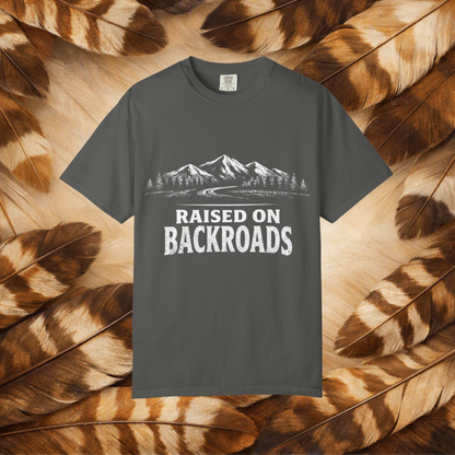 Raised on Backroads T‑Shirt — Retro Mountain Adventure Tee
