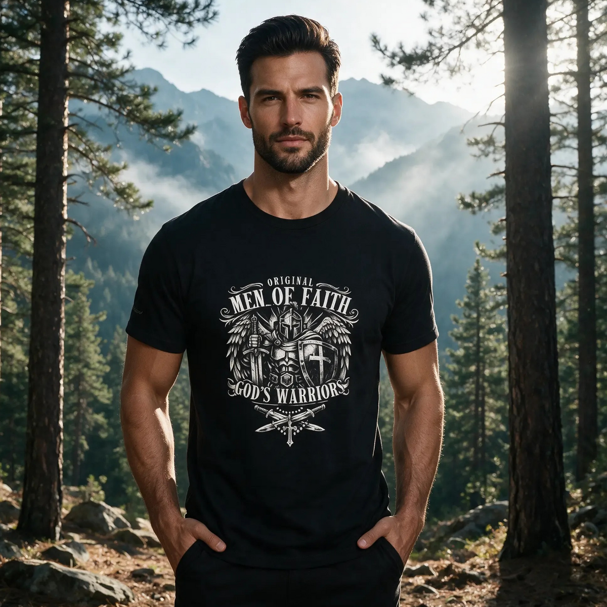 A muscular man wearing a black graphic t-shirt with a white distressed print that reads 'ORIGINAL MEN OF FAITH GOD'S WARRIORS' stands in a misty pine forest with mountains in the background.