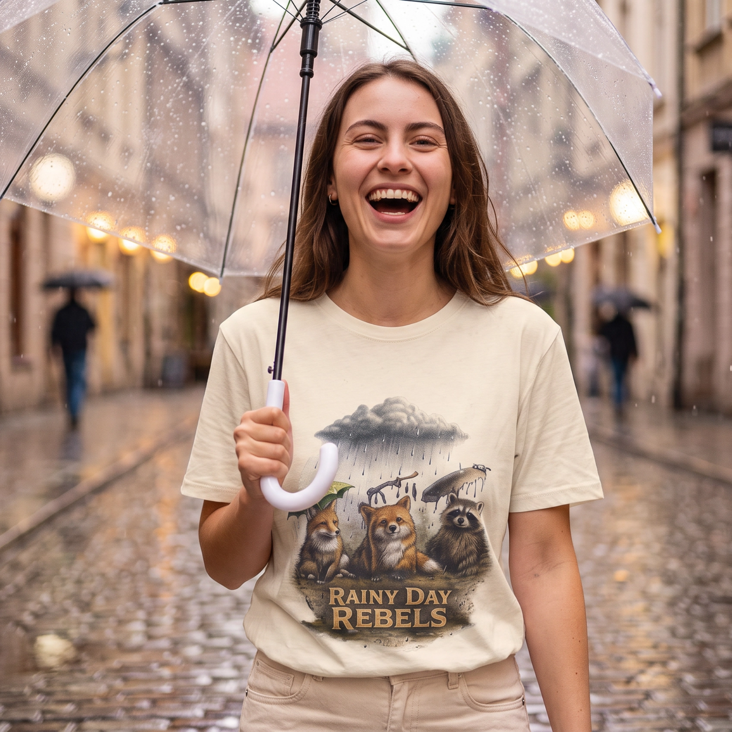 'Rainy Day Rebels' two foxes and a raccoon , raining storm cloud, graphic natural teea
