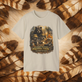A Sand-colored short-sleeve t-shirt with a central graphic of raccoons, a bear, and a fox wearing hats or sunglasses, with the text 'WILDLIFE WITNESS PROTECTION YOU SAW NOTHING'. The shirt is displayed flat against a background of brown and beige feathers.