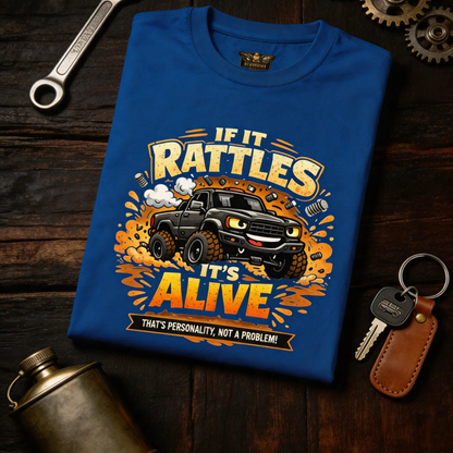 A folded blue graphic T-shirt displayed on a dark wooden surface with automotive-themed props. The shirt features a large front print of a black off-road truck cartoon, surrounded by orange and yellow splatter graphics, with the text 'IF IT RATTLES IT'S ALIVE' and 'THAT'S PERSONALITY, NOT A PROBLEM!'.