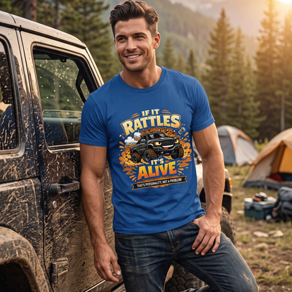 A man wearing a blue graphic t-shirt and the text 'IF IT RATTLES IT'S ALIVE' stands next to a muddy off-road vehicle in a mountain camping setting.