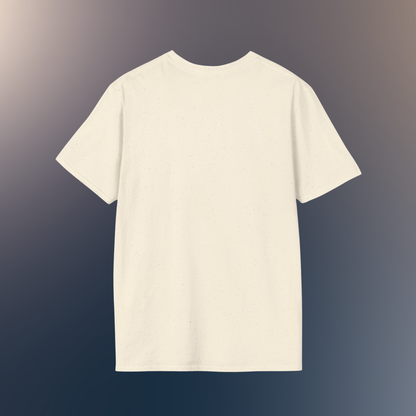 A natural short-sleeve crewneck t-shirt shown from the back, centered against Hawk feather and natural background flatlay background, on a hawk feather flat lay background.