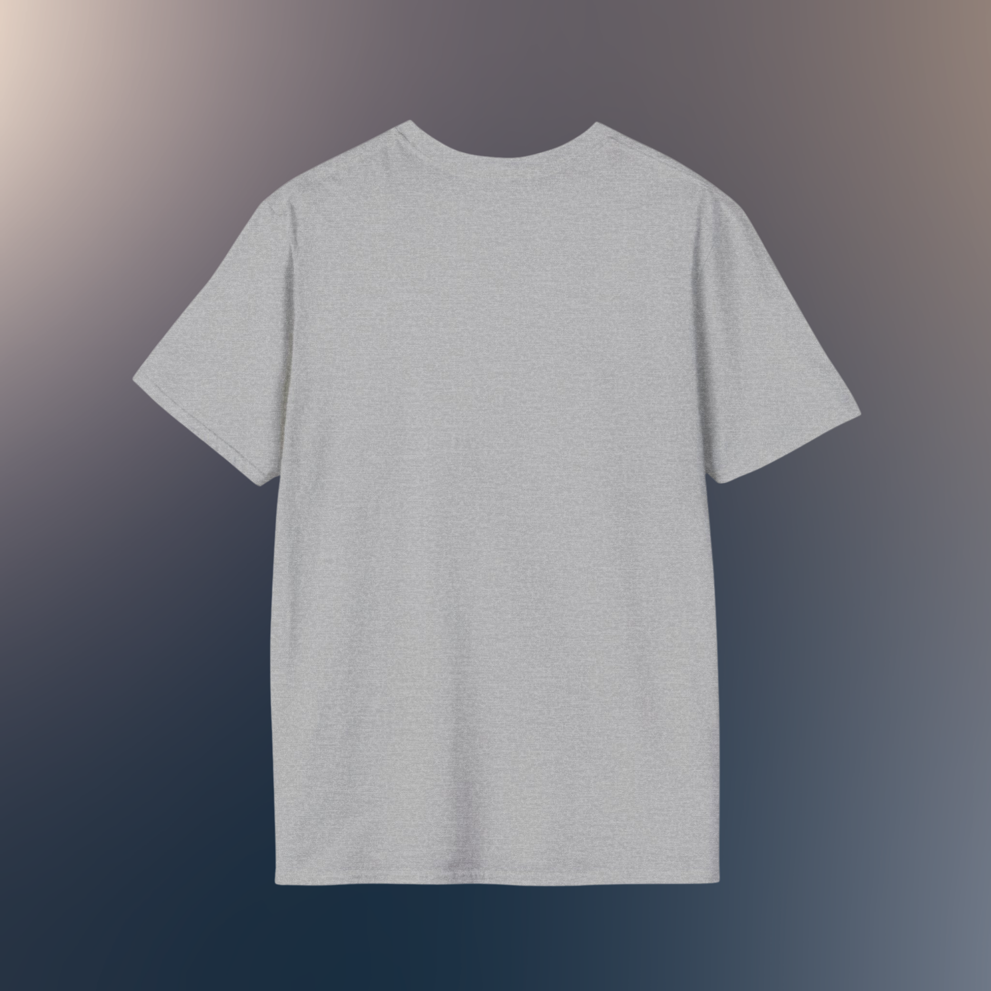 A heather gray short-sleeve crewneck t-shirt shown from the back, centered against Hawk feather and natural background flatlay background, on a hawk feather flat lay background.