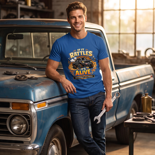 A man in a garage leans against a vintage blue pickup truck, wearing a bright blue graphic t-shirt that reads 'IF IT RATTLES IT'S ALIVE'. He holds a wrench and stands next to workbench tools.
