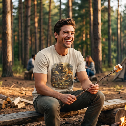 A man sitting outdoors by a campfire in a forest wears a beige graphic T-shirt with fun forest illustration and the text 'Wildlife Witness Protection'. He is roasting a marshmallow on a stick.