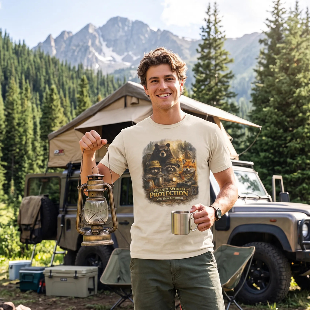 A smiling man stands outdoors in a mountain camping setting, wearing a beige graphic T-shirt with some raccoons, a bear and a fox. It reads 'Wildlife Witness Protection'. He holds a lantern and a metal cup, with a tent, vehicles, and evergreen trees in the background.