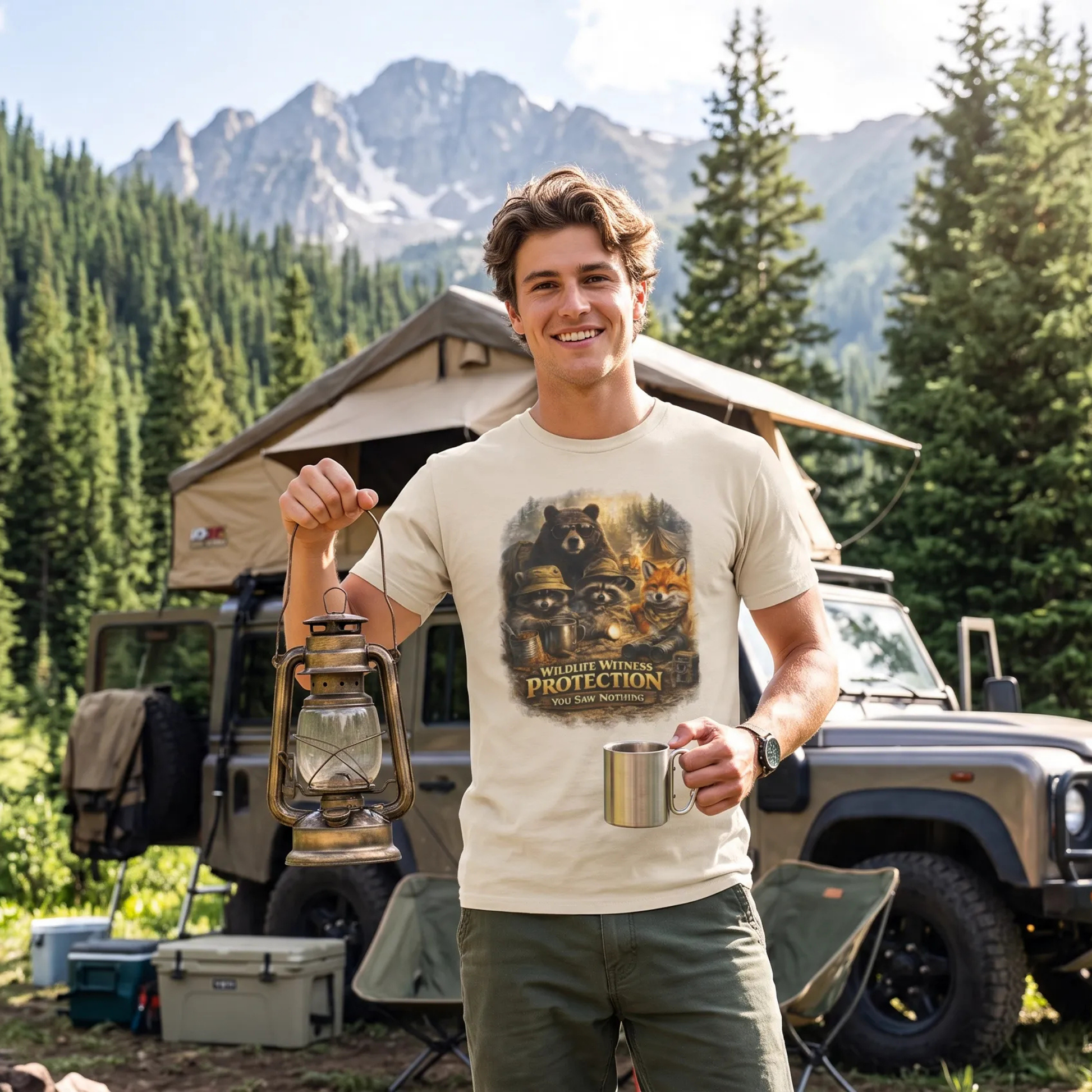 A smiling man stands outdoors in a mountain camping setting, wearing a beige graphic T-shirt with some raccoons, a bear and a fox. It reads 'Wildlife Witness Protection'. He holds a lantern and a metal cup, with a tent, vehicles, and evergreen trees in the background.