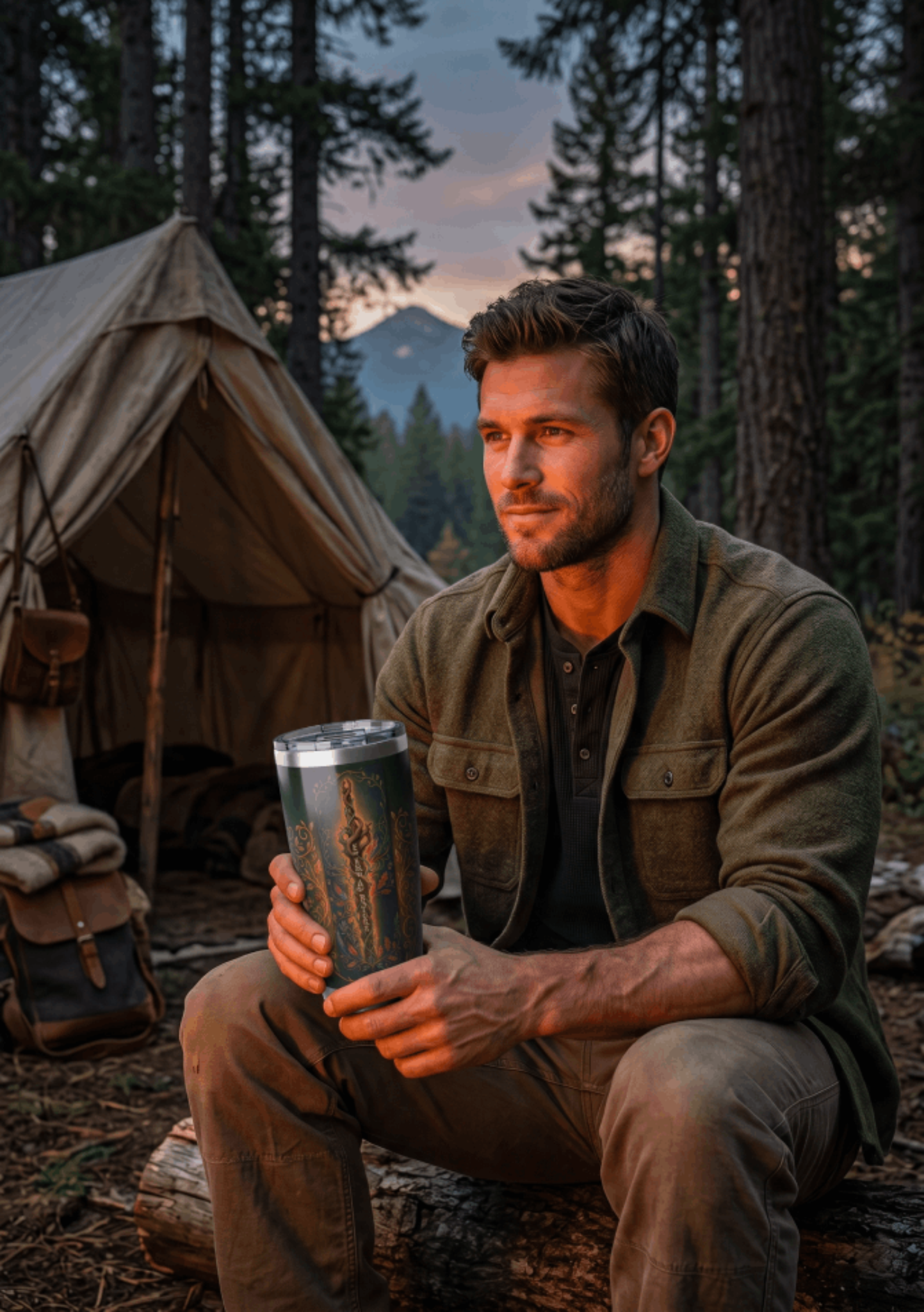 Insulated dark green tumbler with forest crest design, held in hand, clear lid