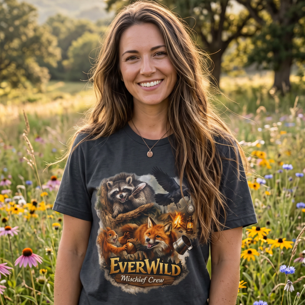 Dark gray women's crew neck t-shirt with raccoon, fox & raven wildlife graphic