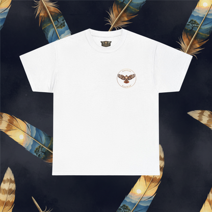 A white short-sleeve crewneck t-shirt with a circular brown and gold hawk graphic on the left chest with the text "American EverWild", displayed flat against a dark background decorated with illustrated feathers.