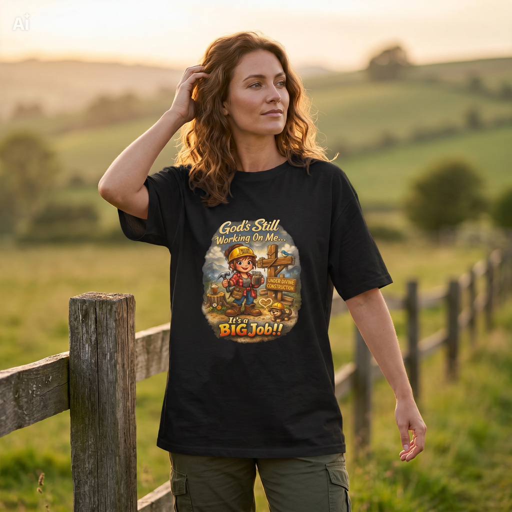 A woman standing outdoors in a grassy field at sunset, wearing a black graphic T-shirt with a female cartoon construction worker and the text 'God's Still Working On Me—It's a Big Job" on the front of the tee.