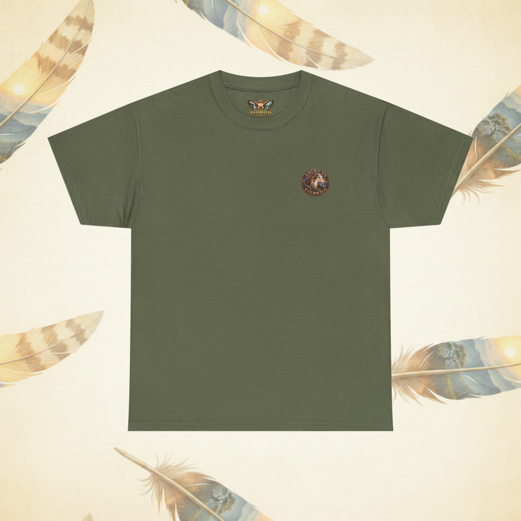 A military green short-sleeve t-shirt shown from the front, laid flat on a light cream background decorated with illustrated feathers.