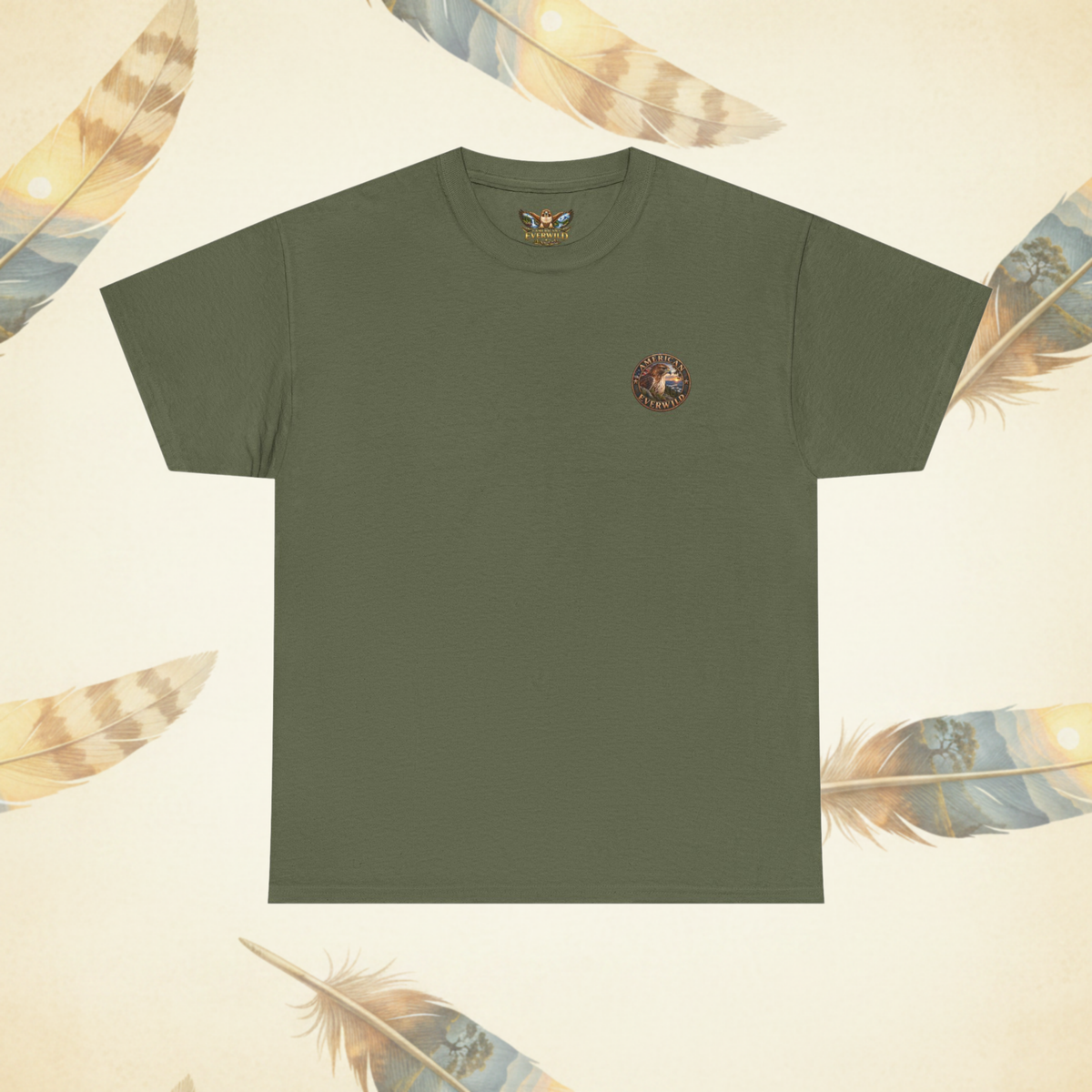 A military green short-sleeve t-shirt shown from the front, laid flat on a light cream background decorated with illustrated feathers.