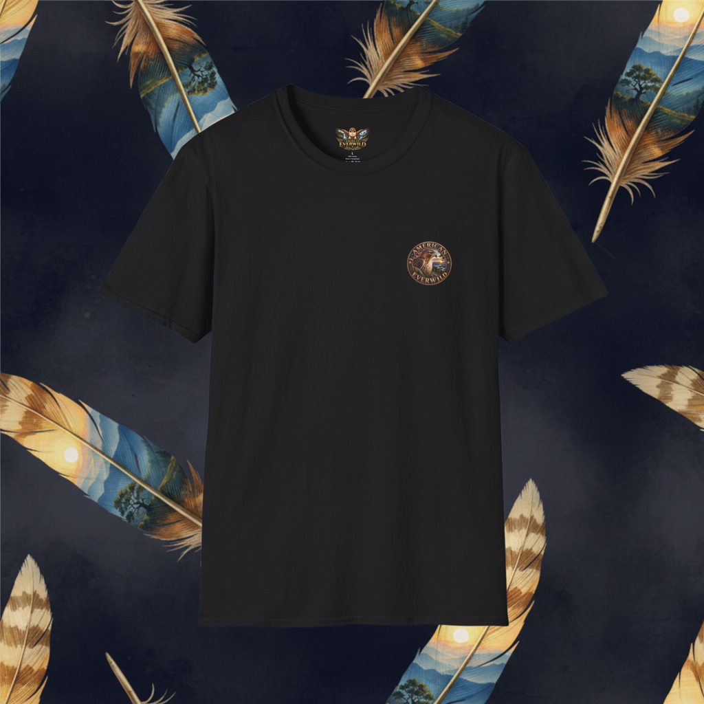 A black short-sleeve crewneck t-shirt with a circular embroidered logo on the left chest, displayed against a dark navy background patterned with decorative feathers.