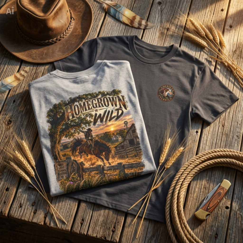 Two folded graphic T-shirts displayed on a rustic wooden surface with western-themed props including a brown hat, wheat stalks, a lasso, and a folding knife. The front shirt is light gray with a large western sunset and horse graphic reading “HOMEGROWN WILD,” while the back shirt is dark gray with a small circular "American Everwild" logo on the left chest.