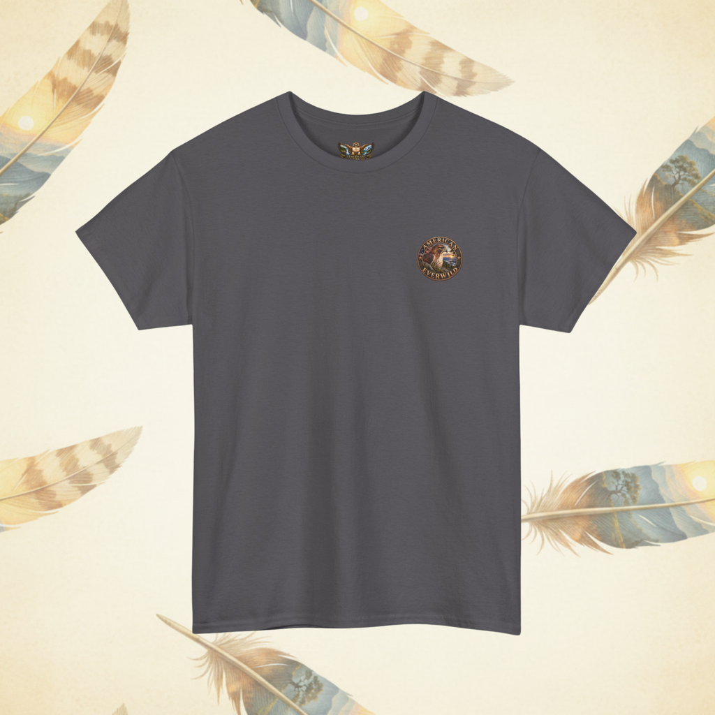 A dark gray crewneck t-shirt with a small circular "American EverWild" logo on the left chest, displayed against a cream-colored background decorated with illustrated feathers.