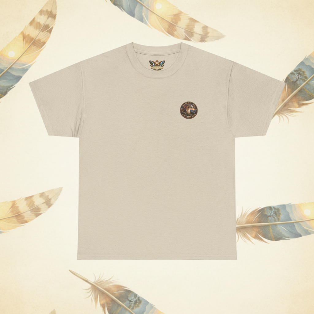 A Sand colored crewneck t-shirt with a small circular "American EverWild" logo graphic on the upper left chest, displayed flat against a cream background decorated with feathers.