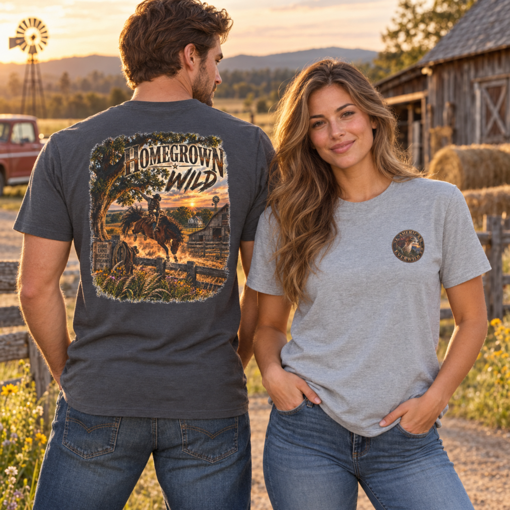 A man and a woman standing outdoors at sunset on a farm, wearing matching graphic t-shirts. The man wears a dark gray t-shirt with a large back graphic reading 'Homegrown Wild' and a cowboy riding a bucking horse. The woman a sport gray front version with "American Everild" logo on the front left chest.